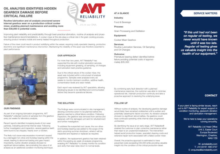 Lubrication analysis sample from grain processing equipment
